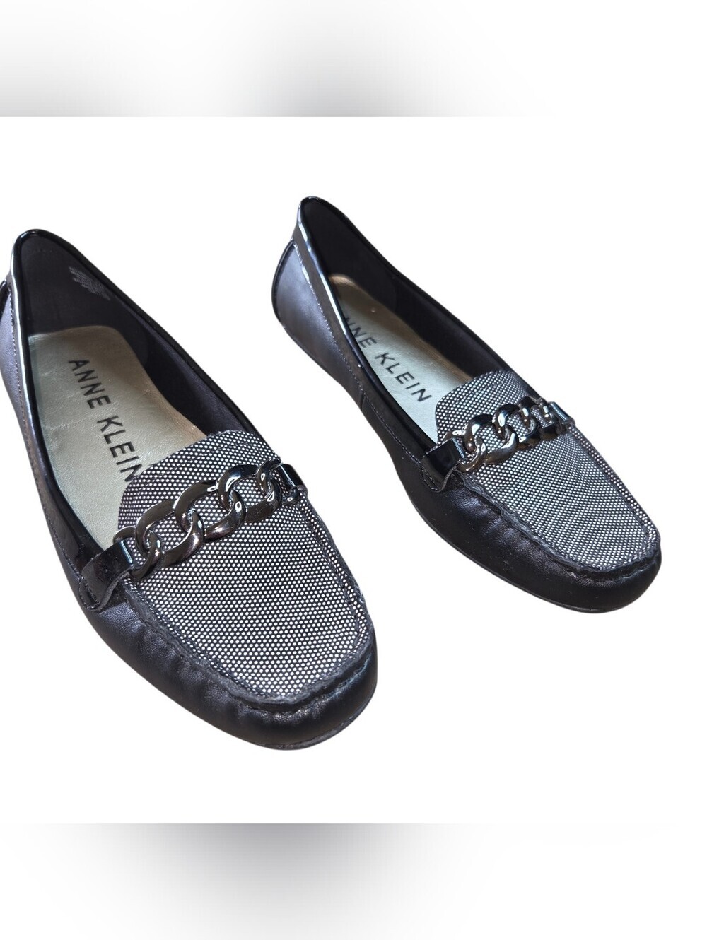 Anne Klein Black Loafers with Silver-Tone Chain Detail